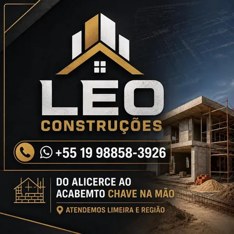 Cartão da LÉO CONSTRUÇÕES: do alicerce ao acabamento, chave na mão. Atendimento em Limeira e região.